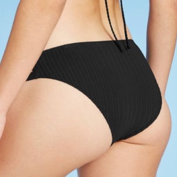 Ribbed Strappy Side Cheeky Black Bikini Bottom - Picture 5 of 7